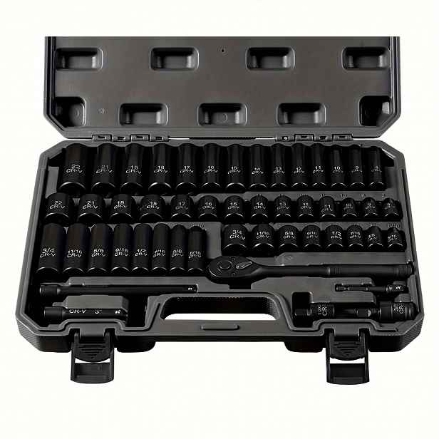 TEMU 3/8" Nárazový set nástrčných klíčů, 6bodové 50 ks standardní metrické (8-22 mm) & SAE (5/16–3/4 palce), ocel s adaptéry a ratchetovou rukojetí –