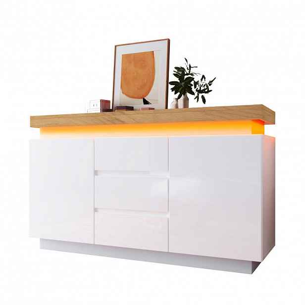 Modfu KOMODA z dřevotřísky 140x81x39 cm bílá s LED osvětlením, 2 dvířky, 3 zásuvkami a nastavitelnými policemi