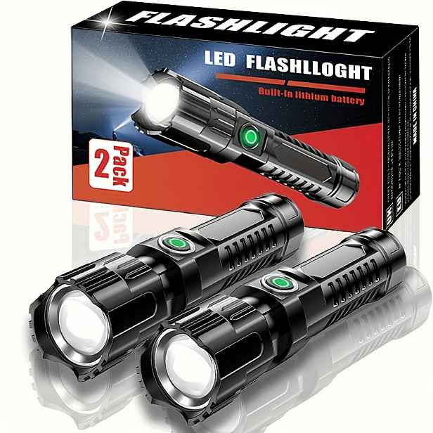 TEMU 2ks Ultra-jasné LED taktické svítilny, 3 režimy, nabíjecí přenosná kempingová svítilna s reflektorem, vestavěná 400mAh lithiová baterie, pro