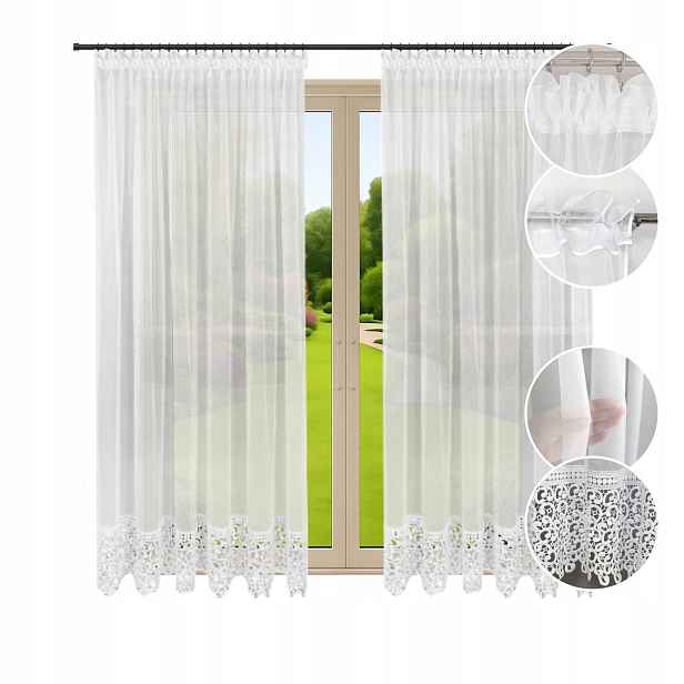 2x Hotová Záclona 250x200 Balkónová Záclonka S Guipurou 20CM Bílá Voálová