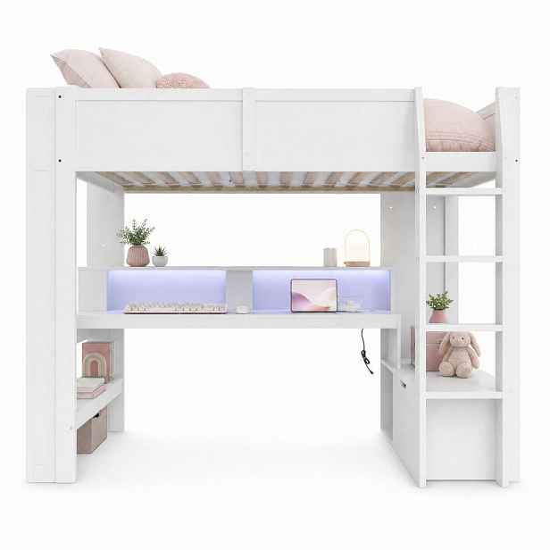 CHICFURN VYSOKÁ POSTEL 90/200 cm v bílé barvě s psacím stolem, policí, zásuvkou a LED