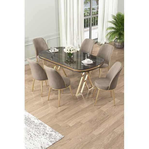 Dining Table & Chairs Set (7 Pieces) Lai - Anthracite, Gold, Cappuccino