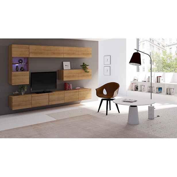 Obývací stěna s LED modrým osvětlením CHEMUNG 4 - dub zlatý