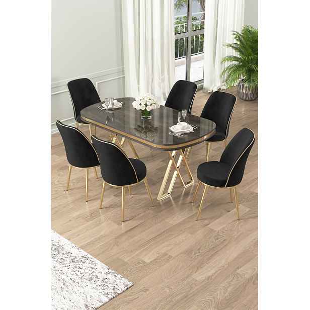 Dining Table & Chairs Set (7 Pieces) Lai - Anthracite, Gold, Black