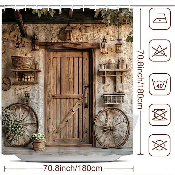 TEMU 1ks Rustikální Sprchová Závěs ve Stylu Venkovského Statku, Vintage Dřevěné Kolo, Dveře Stodoly a Design Lampionu, Umělecký v Pastýřském Stylu,