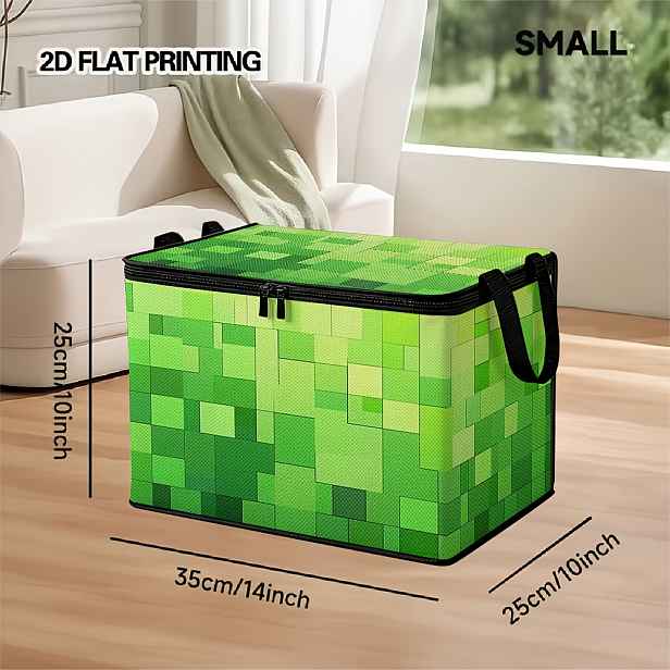 TEMU Jeden velký skládací koš s výklopným víkem, se zipem a rukojetí, navržený v zeleném pixelovém mozaikovém vzoru. Perfektní pro uložení věcí v