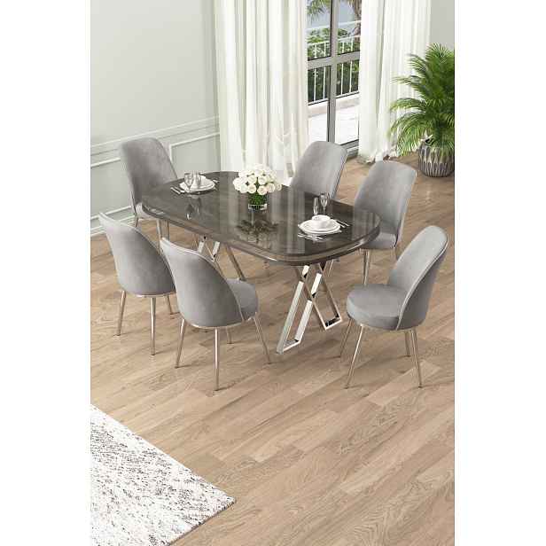 Dining Table & Chairs Set (7 Pieces) Lai - Anthracite, Chrome, Grey