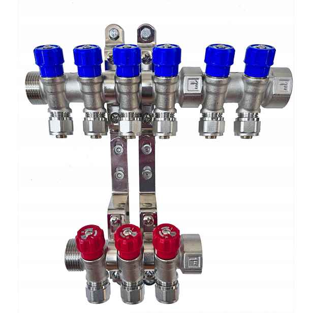 X-home Rozdělovač Pex 1“ x 16 mm 6 Obvodů Studené Vody 3 Obvody Teplé