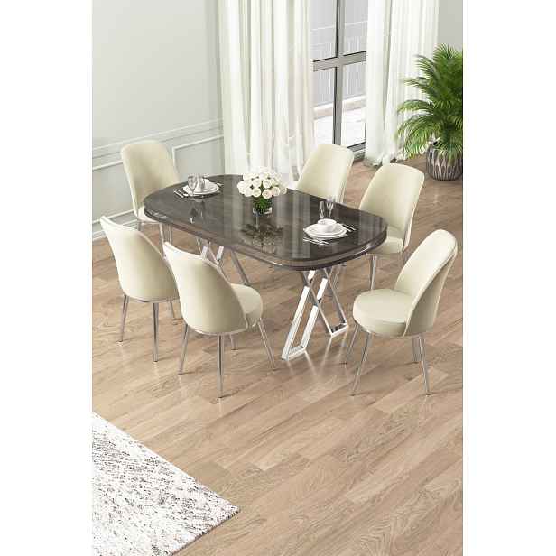 Dining Table & Chairs Set (7 Pieces) Lai - Anthracite, Chrome, Cream