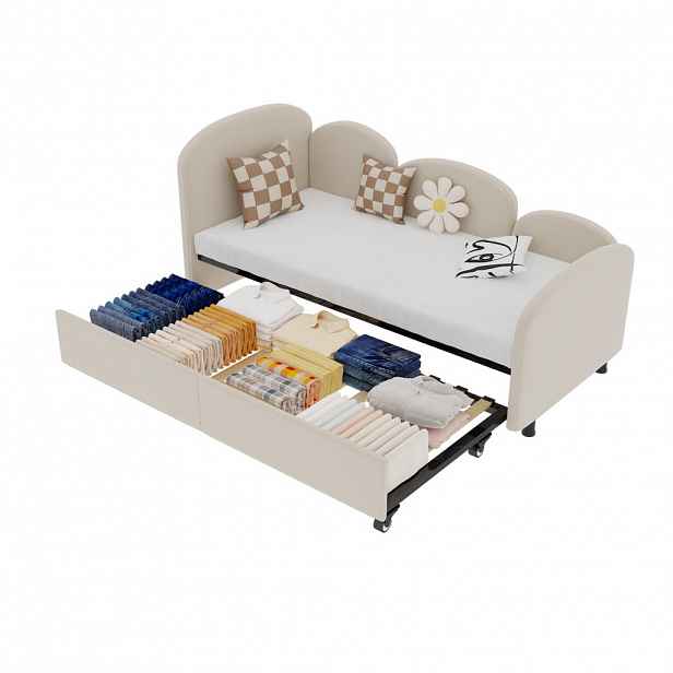 CHICFURN DĚTSKÁ POSTEL 90/200 cm v béžové barvě se zásuvkou ze sametu