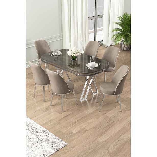 Dining Table & Chairs Set (7 Pieces) Lai - Anthracite, Chrome, Cappuccino