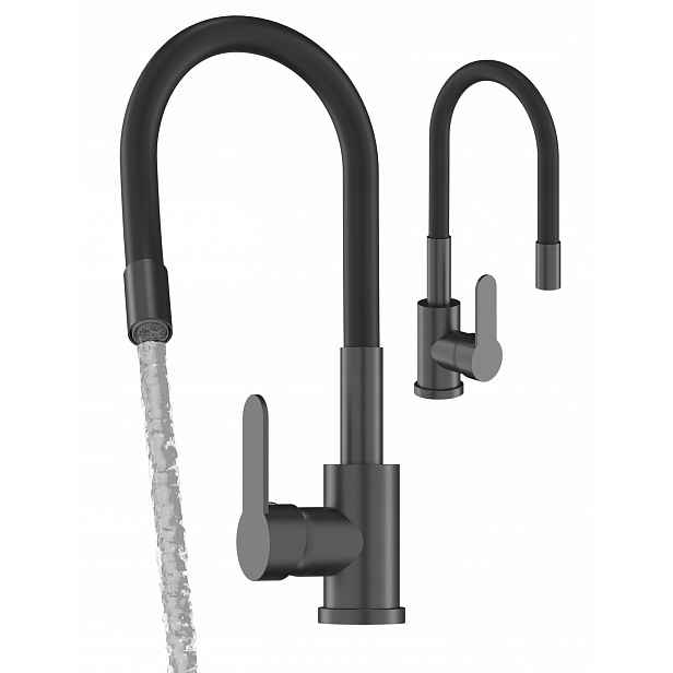 Flexibilní Kuchyňský Kohout Gun Grey Černý Metalický Vývod Baterie Dřez Grado