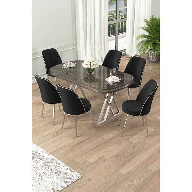 Dining Table & Chairs Set (7 Pieces) Lai - Anthracite, Chrome, Black