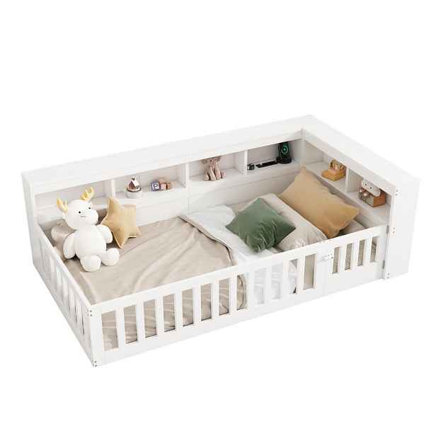 Redom DENNÍ postel 90/200 cm s roštem, USB, zásuvkou, úložným prostorem a výsuvnou zábranou z dřevotřísky a MDF, Bílá