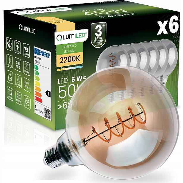 6x Led žárovka E27 Kula G125 6W 50W 660LM 2200K 360° Kouřová Filament
