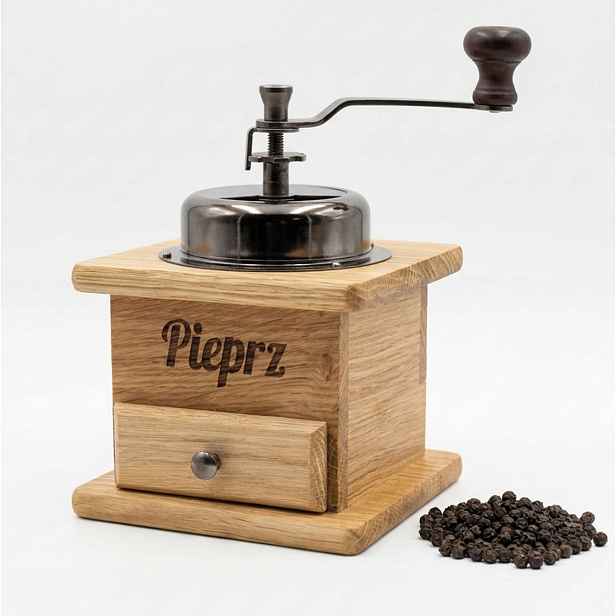 Ruční Mlýnek Klasický Dubový na Pepř Retro Se Zásuvkou, Regulace, gravírování