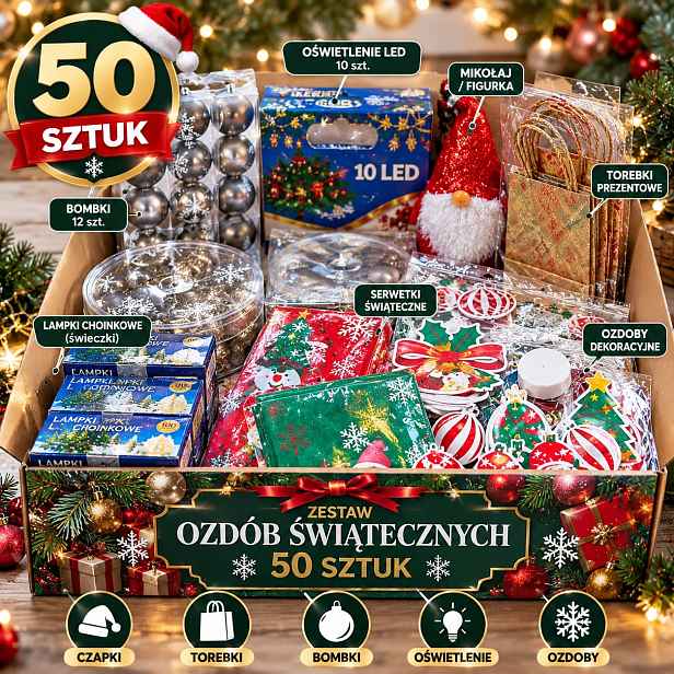 box vánoční mix dekorací Sada vánočních ozdob 50 ks dekorace lampičky
