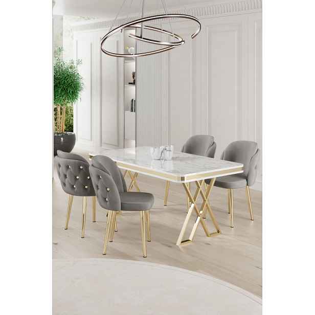 Dining Table & Chairs Set (5 Pieces) Rigel - White, Gold, Grey