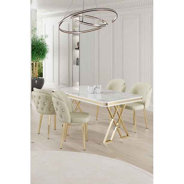 Dining Table & Chairs Set (5 Pieces) Rigel - White, Gold, Cream