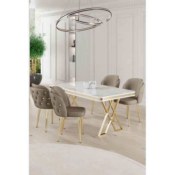 Dining Table & Chairs Set (5 Pieces) Rigel - White, Gold, Cappuccino