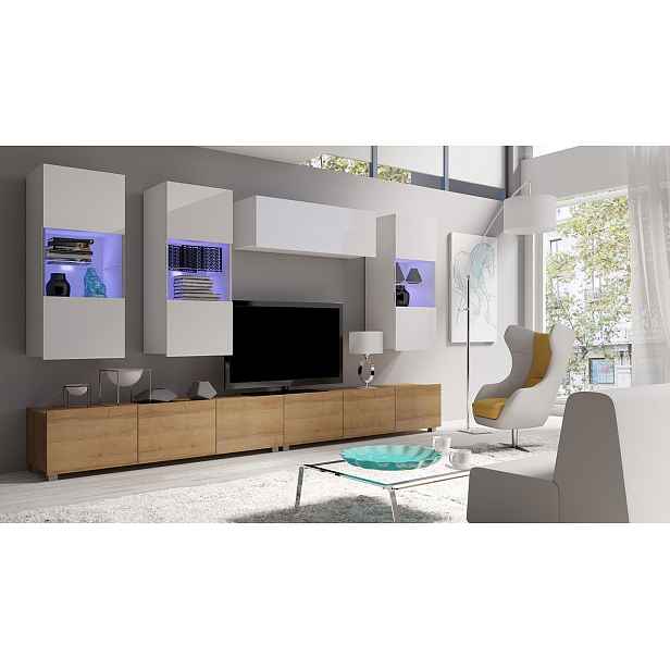 Obývací stěna s LED modrým osvětlením CHEMUNG 6 - dub zlatý / lesklá bílá