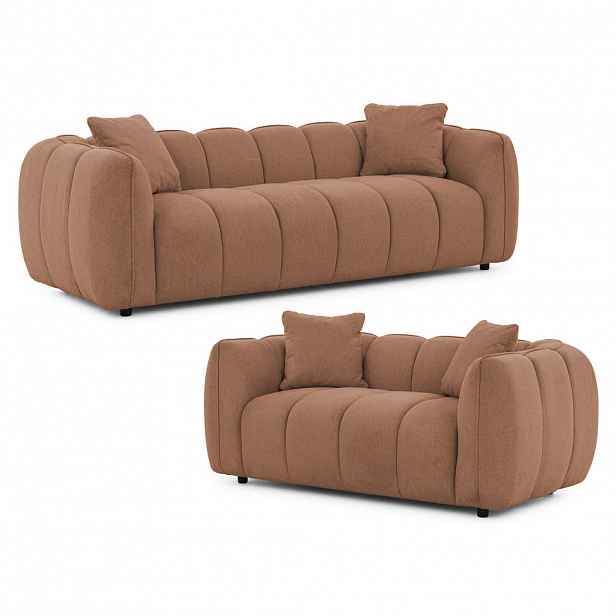 S-Style SEDACÍ SOUPRAVA 3+2 Nubira v hluboce prošívaném designu Bubble z měkké strukturované látky v terakotové barvě s moderním vzhledem