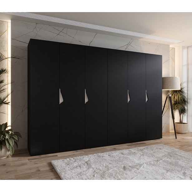Elegantní šatní skříň 300 cm AMARIS 1 - černá / kašmírové úchyty