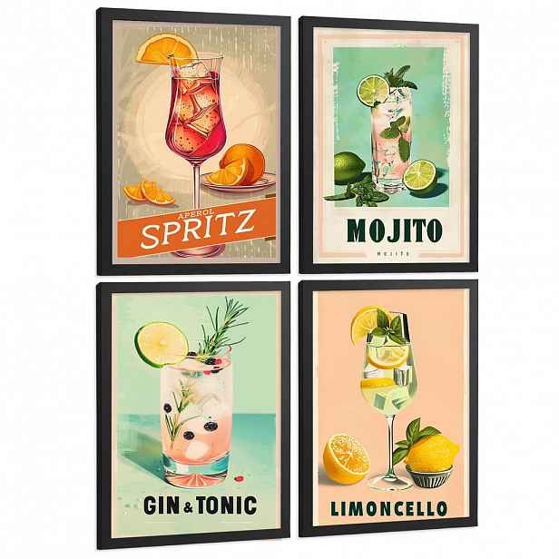 Nacnic PLAKAT Sada 4 Koktejlový nápoj A4 Černý rám
