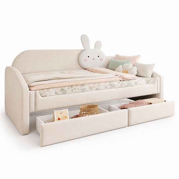 CHICFURN DĚTSKÁ POSTEL 90/200 cm v béžové barvě se 2 zásuvkami, LED osvětlením a sametem