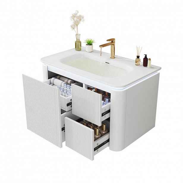 Modfu ZÁVĚSNÁ koupelnová skříňka s umyvadlem z MDF a keramiky 80,5x47,5x51 cm bílá s LED senzorem a tichými zásuvkami
