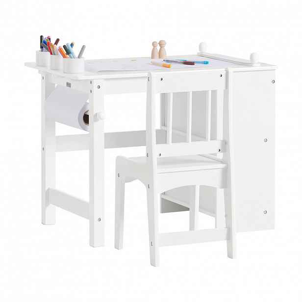 SoBuy STŮL S 1 DĚTSKOU ŽIDLÍ a 2 policemi Bílá 80x50x65.5cm Nordický