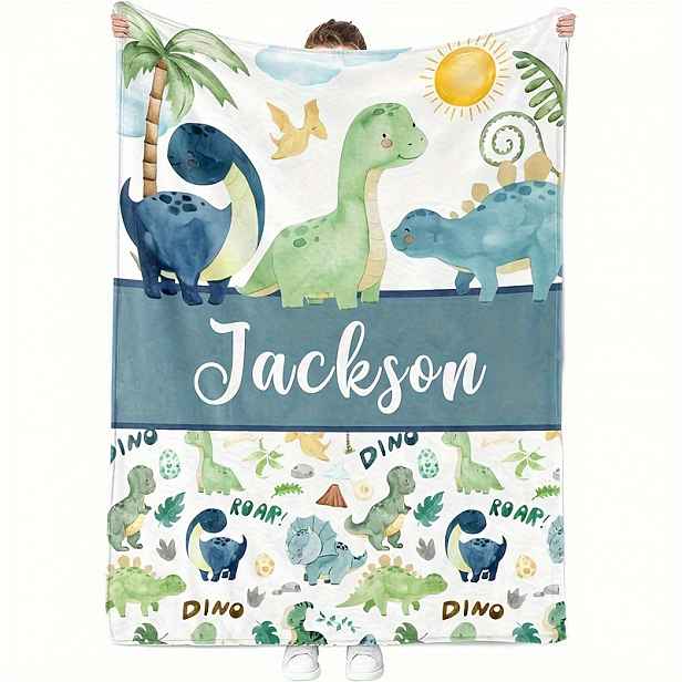 TEMU 1ks Personalizovaná s kresleným dinosaurem s vlastním jménem - Měkká fleecová celoroční na pohovku, cestovní pikniková , palmou a oblakem,