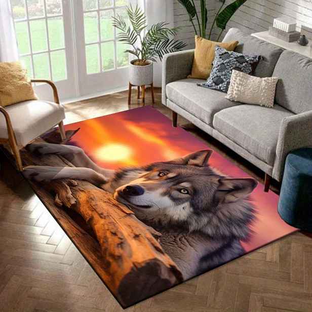 TEMU 800G/M2 Křišťálový sametový koberec s 3D vlka ve slunci, 1 ks, měkká flanelová podložka na podlahu vhodná do obývacího pokoje, ložnice a jako