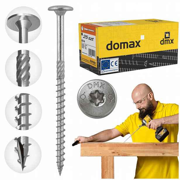 Tesařské Vruty 10x340 Talířové Torx 25 ks Do Dřeva Domax Ct Stříbrné