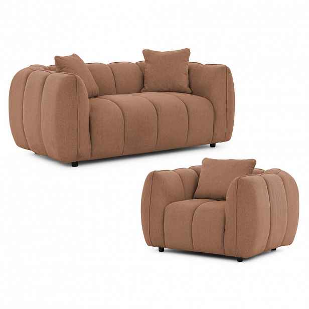 S-Style SEDACÍ SOUPRAVA 2+1 Nubira v hluboce prošívaném designu Bubble z měkké strukturované látky ve světle béžové barvě s moderním vzhledem