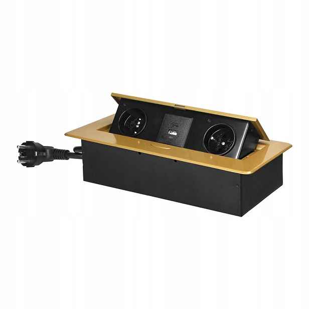 Zásuvky zapuštěné do pracovní desky s Usb nabíječkou, 1,5 m, 2x2P+Z, 2xUSB, zlaté