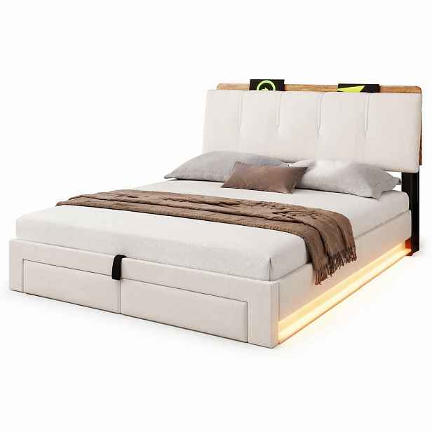 CHICFURN ČALOUNĚNÁ POSTEL 140/200 cm v béžové barvě s úložným prostorem, LED a USB-C