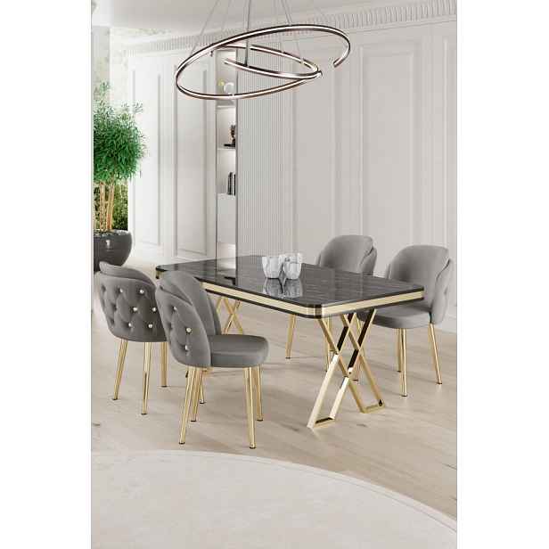 Dining Table & Chairs Set (5 Pieces) Rigel - Black Marble, Gold, Grey