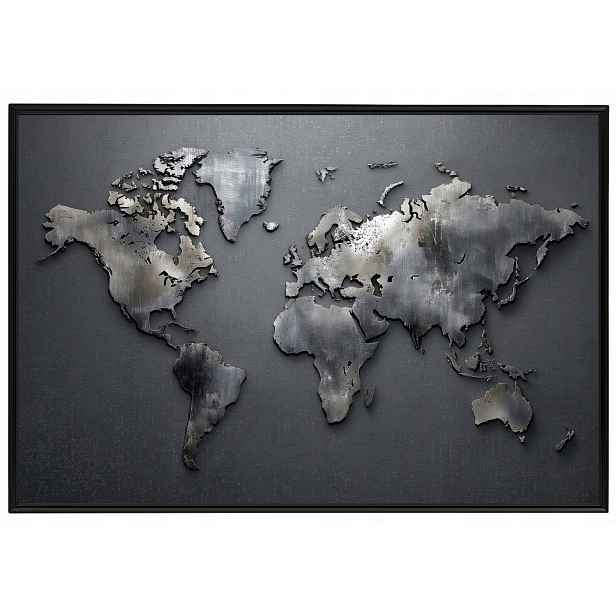Plakát Rámeček Aluminium Mapa Světa Kovová Šedá Industrial Loft 60x40