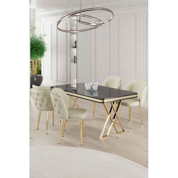 Dining Table & Chairs Set (5 Pieces) Rigel - Black Marble, Gold, Cream