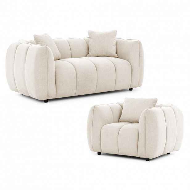 S-Style SEDACÍ SOUPRAVA 2+1 Nubira v hluboce prošívaném designu Bubble z měkké strukturované látky ve světle béžové barvě s moderním vzhledem