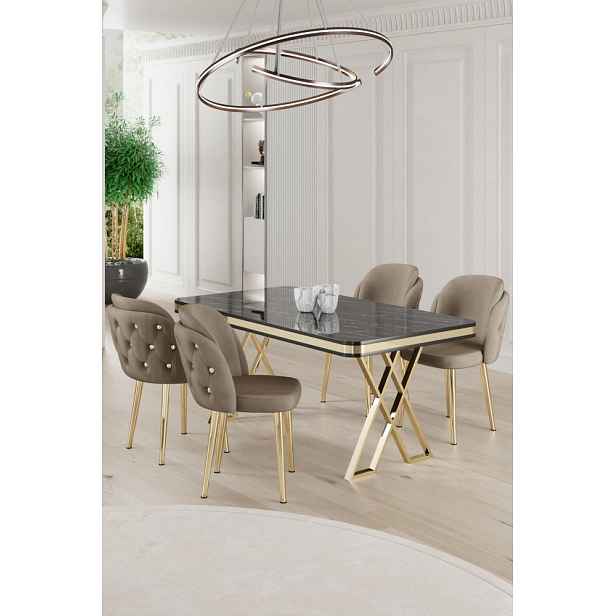 Dining Table & Chairs Set (5 Pieces) Rigel - Black Marble, Gold, Cappuccino