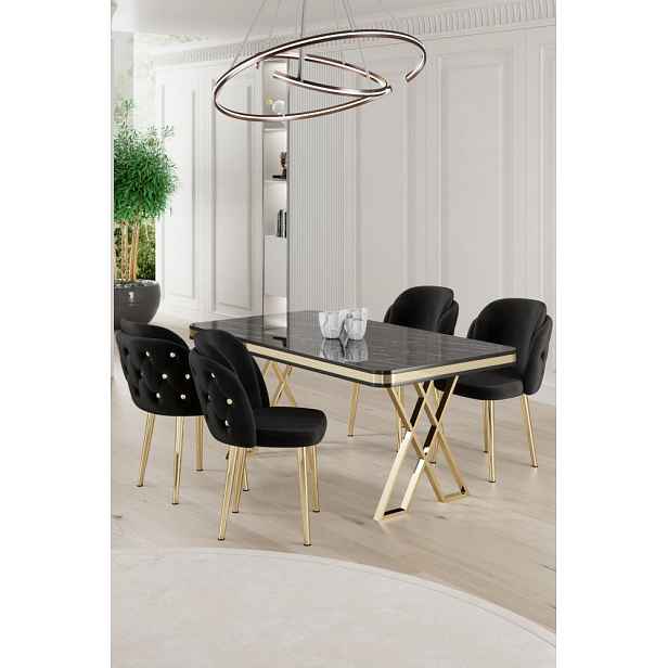 Dining Table & Chairs Set (5 Pieces) Rigel - Black Marble, Gold, Black