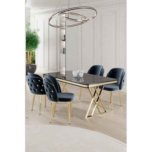 Dining Table & Chairs Set (5 Pieces) Rigel - Black Marble, Gold, Anthracite