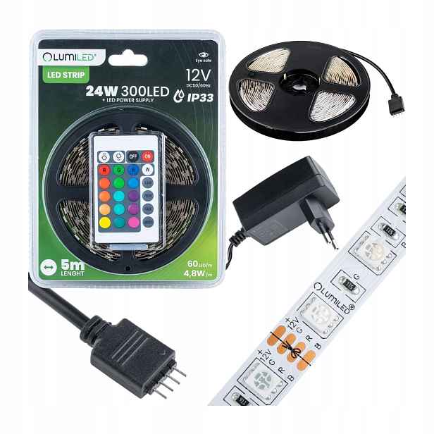 Led pásek Silný barevný pásek 12V Rgb 24W 2640lm 8mm 5m Dálkový Ovladač napájecí adaptér