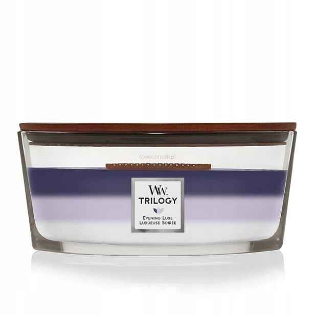 Vonná svíčka Woodwick Trilogy Hearthwick Elipsa Loďka Evening Luxe 453 g