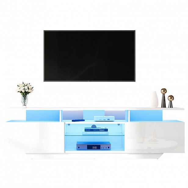 Modfu TV stolek z MDF a tvrzeného skla 160x40x45 cm bílý s LED osvětlením, 2 skříňkami a 8 úložnými plochami