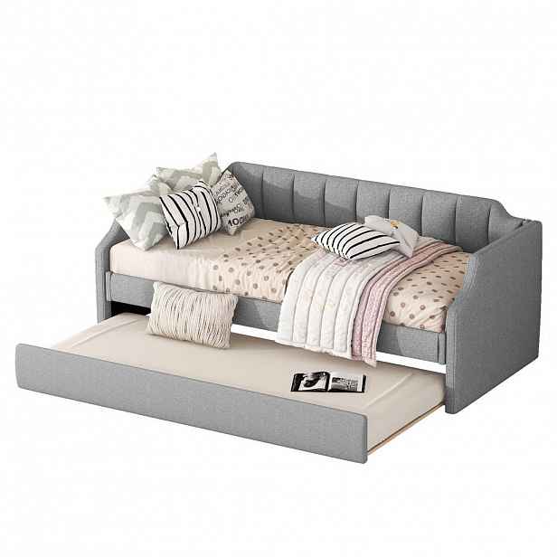 CHICFURN POSTEL 90/200 cm & 90/190 cm v šedé barvě s výsuvným lůžkem z lněné látky