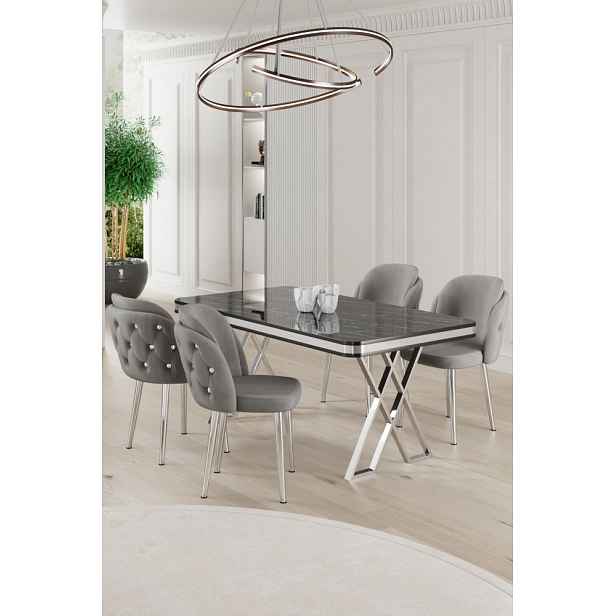Dining Table & Chairs Set (5 Pieces) Rigel - Black Marble, Chrome, Grey