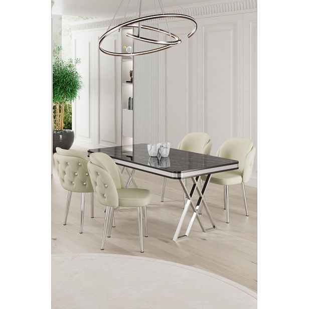 Dining Table & Chairs Set (5 Pieces) Rigel - Black Marble, Chrome, Cream